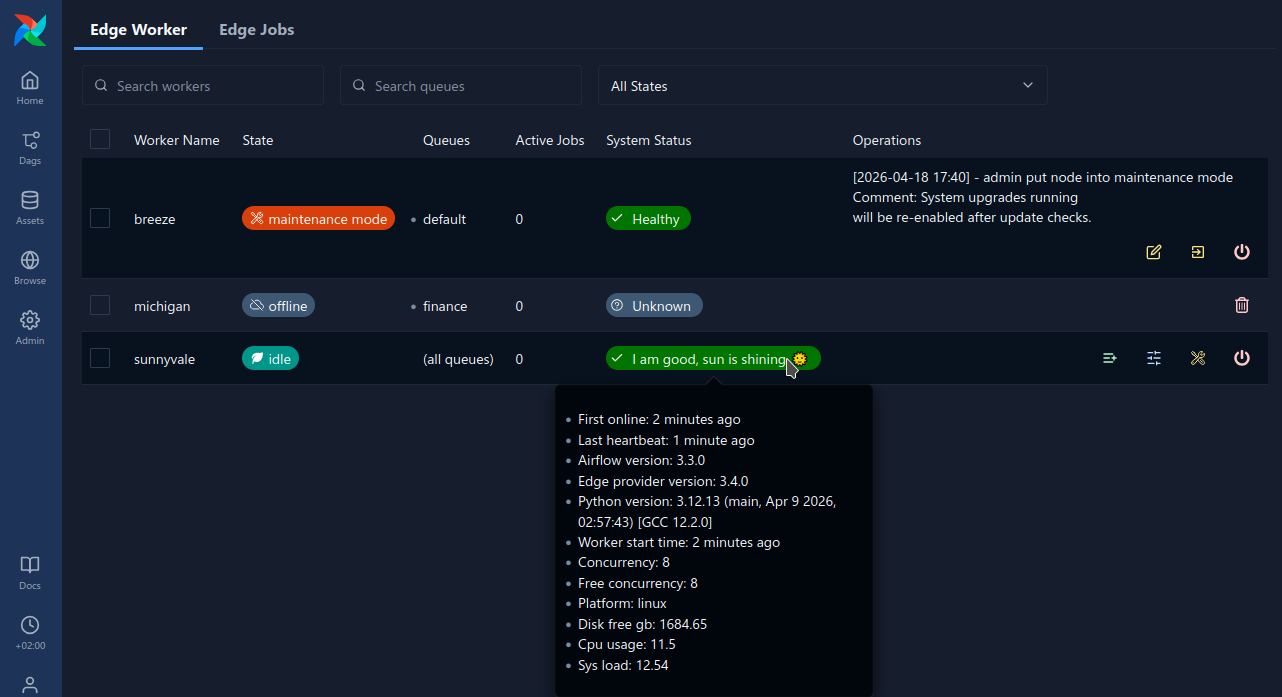Example of the extended system information provided by the worker on the UI plugin