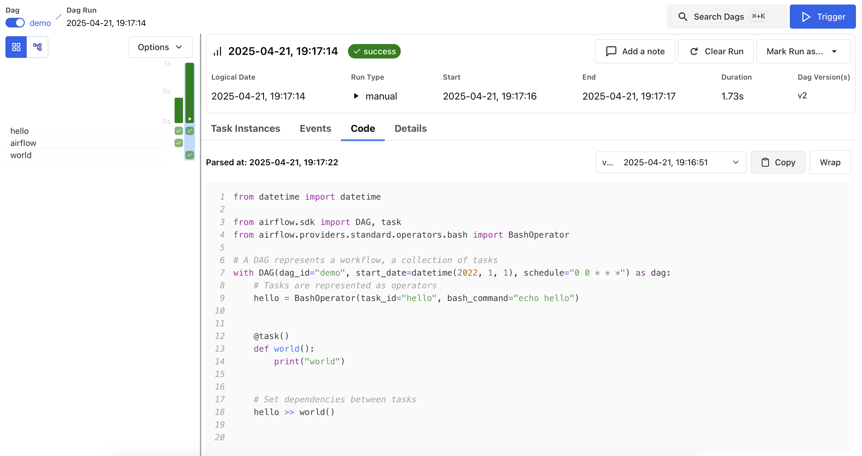 Dag Run Code Snapshot - world() (light mode)