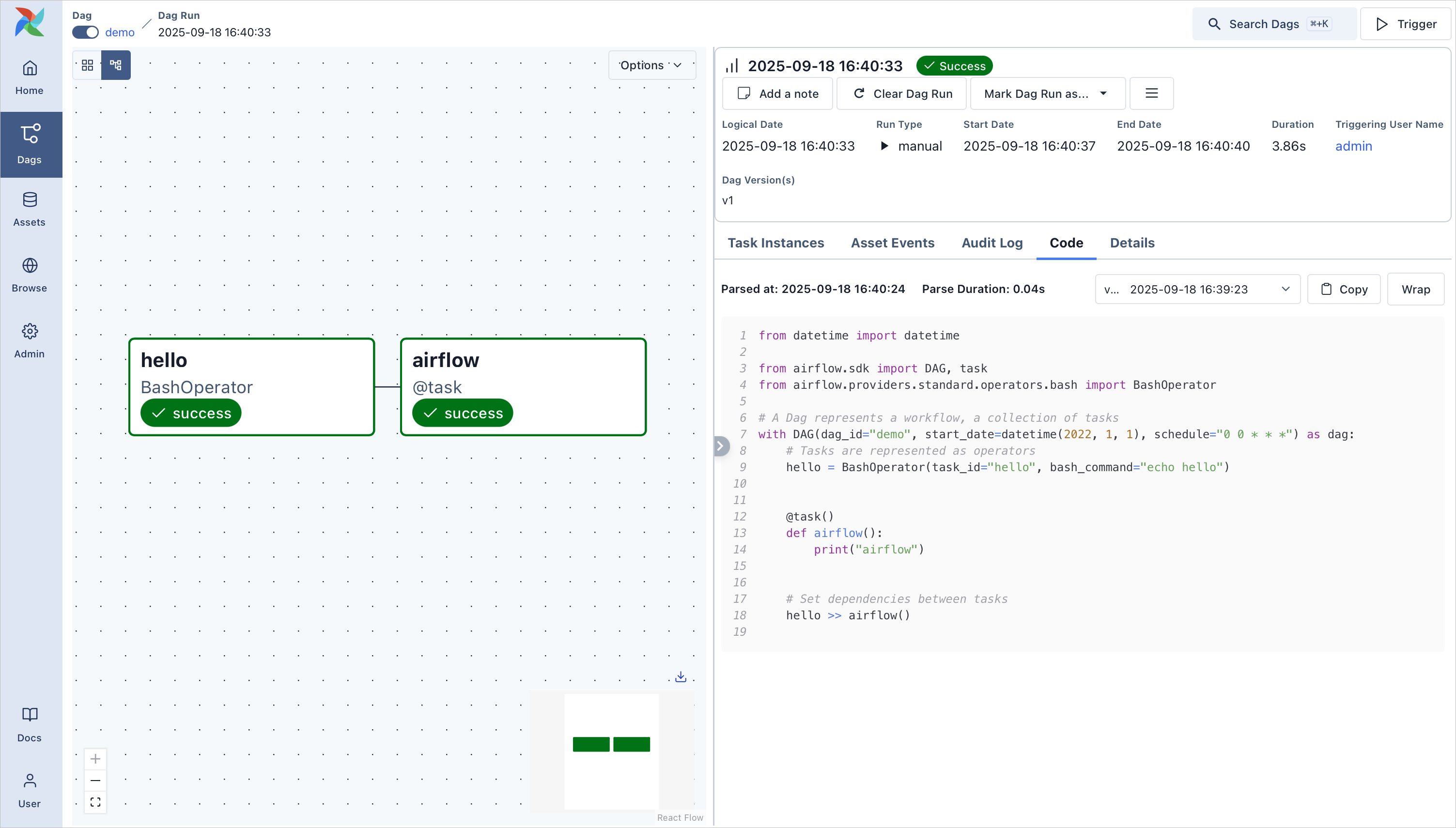 Demo Dag in the Graph View, showing the status of one Dag run along with Dag code.